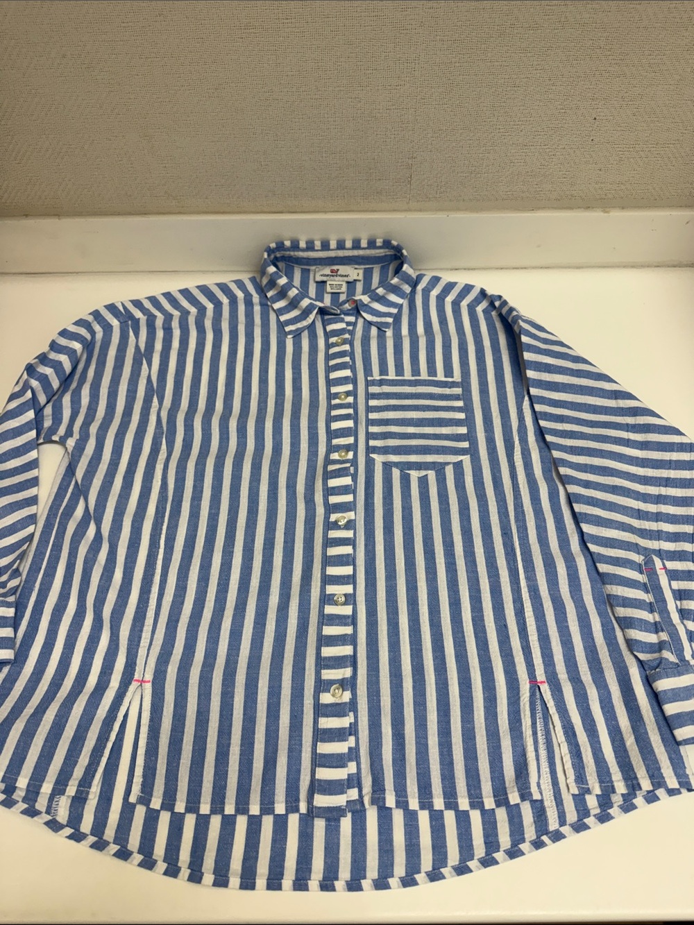 Linen Blend Vineyard Vines and White Striped Button-Up Shirt